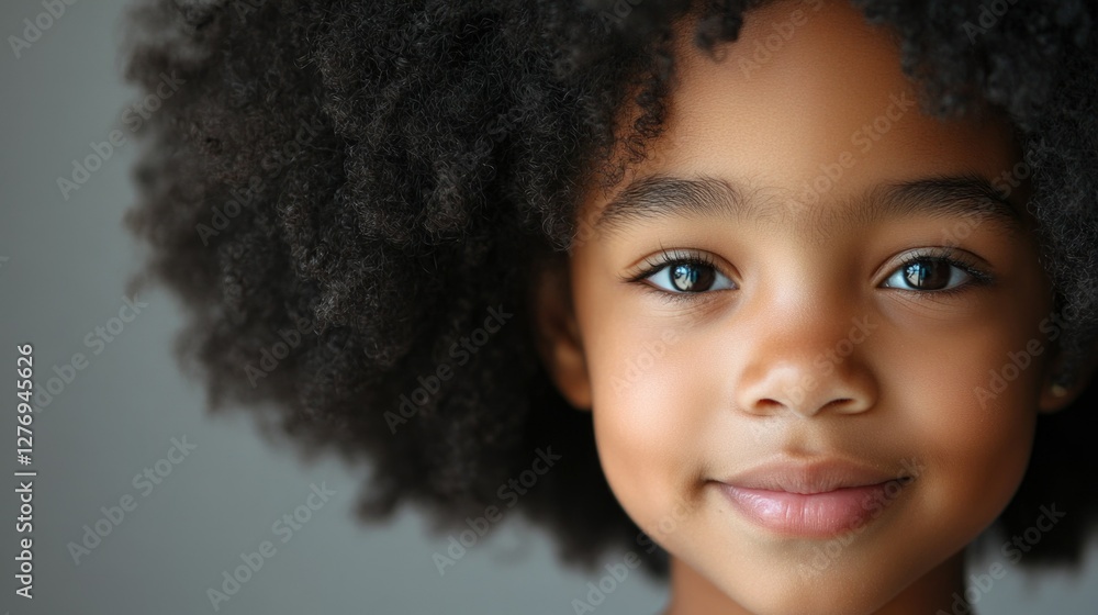A young girl with natural curls, looking straight ahead, set against a neutral background. A young girl with natural curls, looking straight ahead, set against a neutral background.