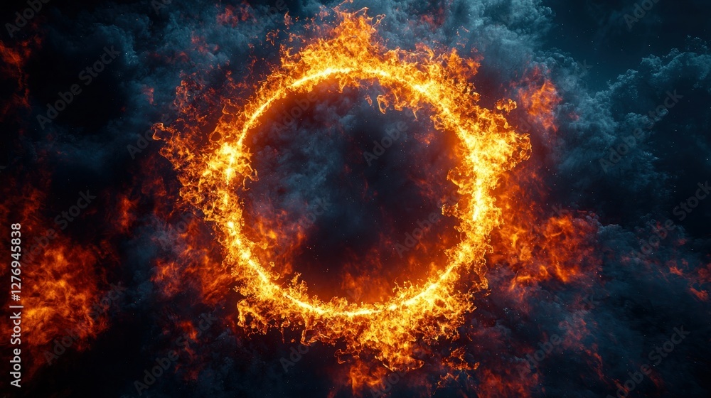 Fototapeta premium Fiery ring frame against dramatic storm clouds