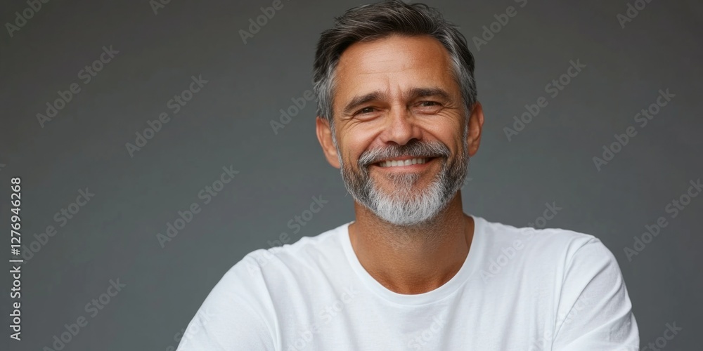 Obraz premium Mature male with beard, smiling broadly in white t-shirt.