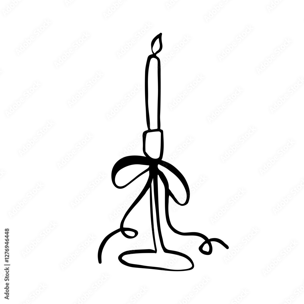 Hand drawn candle with ribbon bow. Fashionable accessory for home decor. Trend curve ink illustration. Minimalist bow knots. Wedding celebration, holiday, party decoration. Elegant vintage vector. Hand drawn candle with ribbon bow. Fashionable accessory for home decor. Trend curve ink illustration. Minimalist bow knots. Wedding celebration, holiday, party decoration. Elegant vintage vector.