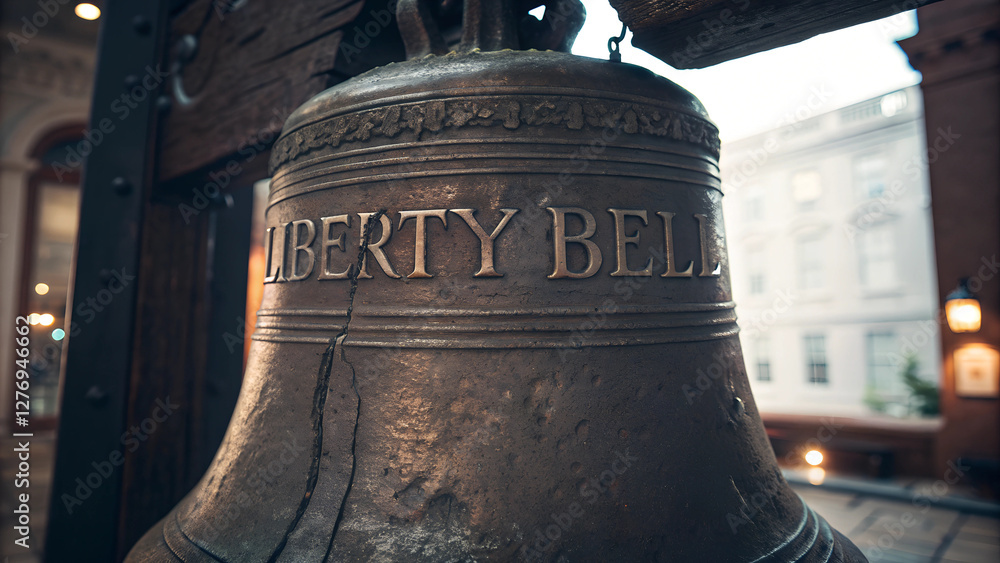 A detailed close-up of the Liberty Bell, an iconic symbol of American independence. The famous crack and engraved text are clearly visible, representing freedom and history. A detailed close-up of the Liberty Bell, an iconic symbol of American independence. The famous crack and engraved text are clearly visible, representing freedom and history.