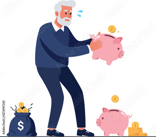 Senior man anxiously saving coins in a pink piggy bank while surrounded by money bags and gold coins in a flat vector illustration