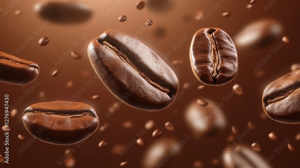 Fototapeta premium Floating coffee beans on brown background with motion effect