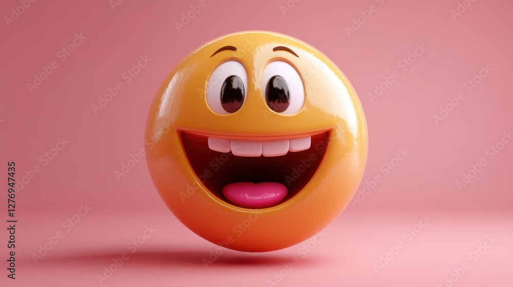 Fototapeta premium Cheerful emoji face with big eyes and smile on pink background
