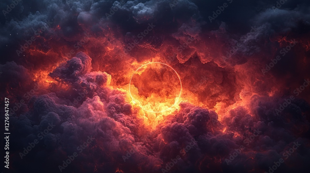 Fiery ringed sun breaking through stormy clouds Fiery ringed sun breaking through stormy clouds