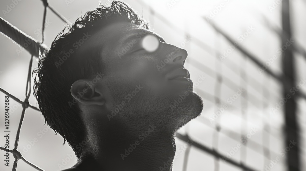 Man in deep thought, gazing at the camera with a sunlit backdrop.