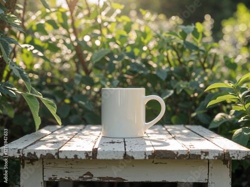 White Mug on White Wooden Table in Sunny Garden. photo