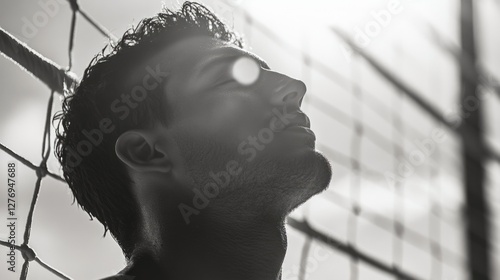 Obraz na płótnie Man in deep thought, gazing at the camera with a sunlit backdrop. w salonie