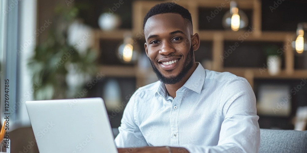 Businessman sitting at desk with laptop, smiling and looking at camera. Businessman sitting at desk with laptop, smiling and looking at camera.