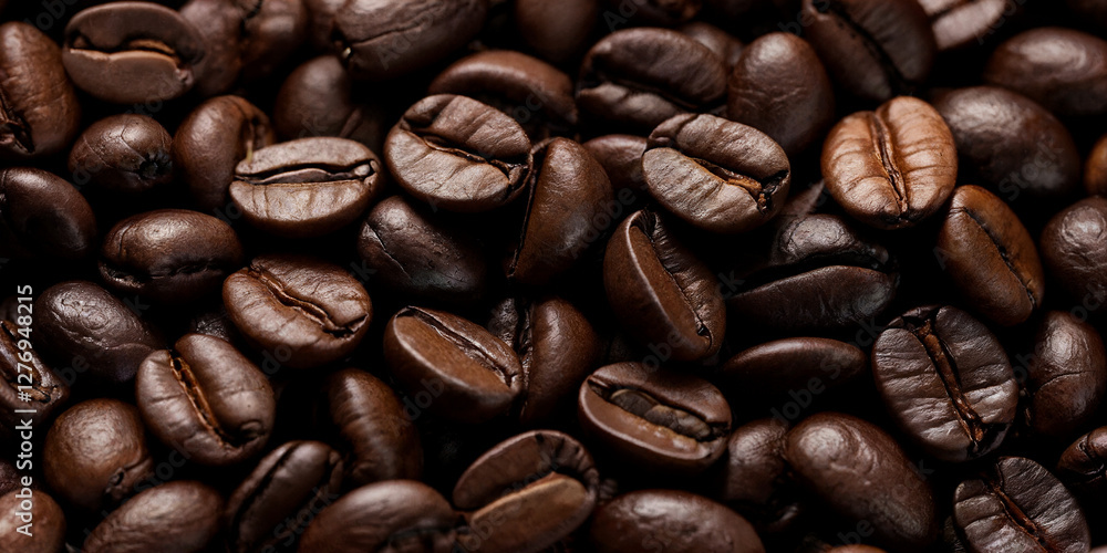 Dicht aneinander liegende Kaffeebohnen mit kräftiger Röstung und glänzender Oberfläche Dicht aneinander liegende Kaffeebohnen mit kräftiger Röstung und glänzender Oberfläche