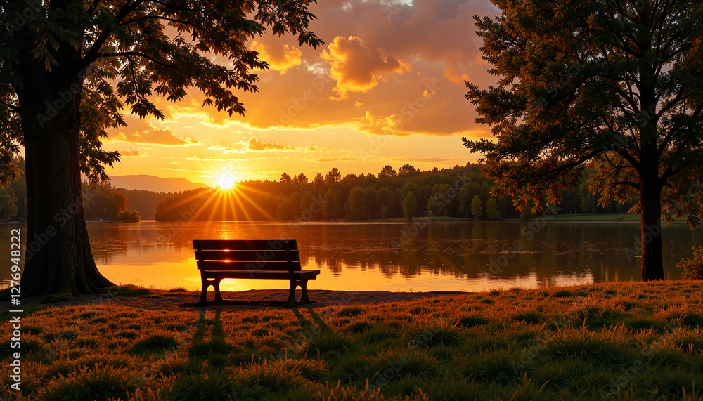 Fototapeta premium Serene park bench at sunset reflecting golden light, peacefulness