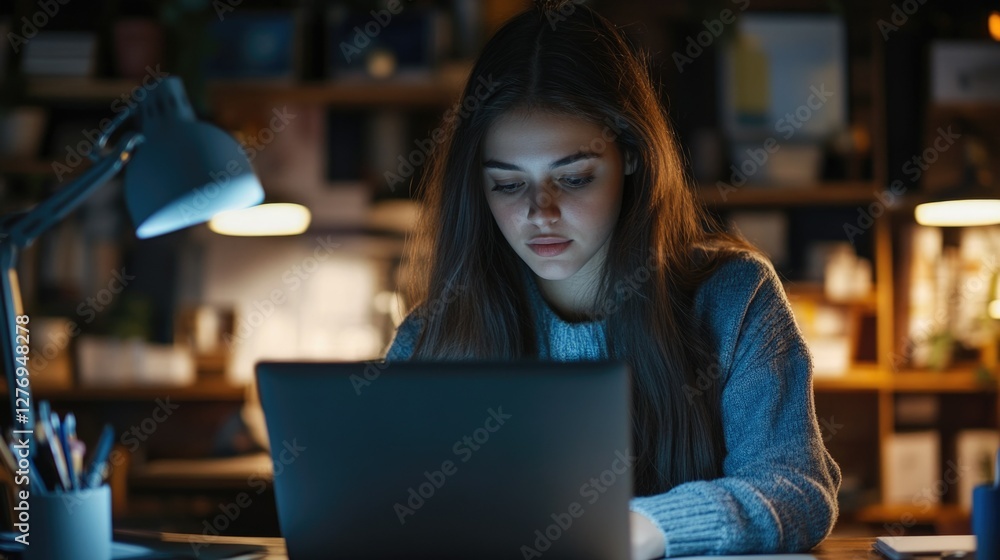 A person working on a laptop at night A person working on a laptop at night