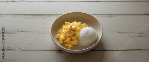 A bowl of rice and scrambled eggs on a wooden table photo