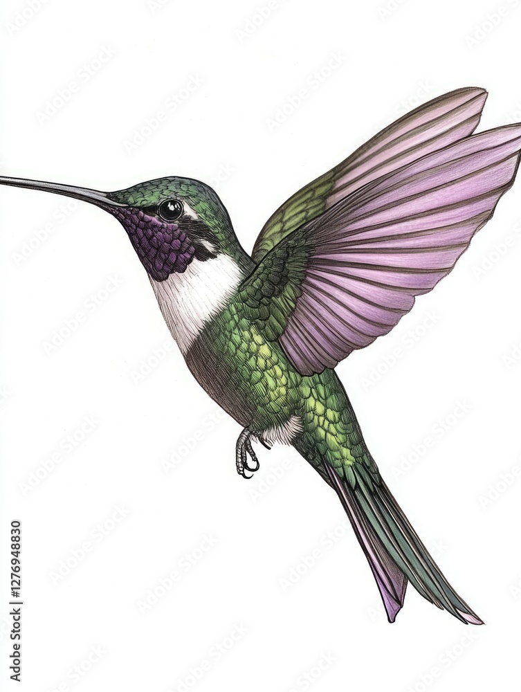 Fototapeta premium Artistic Representation of a Hummingbird: Vibrant Hand-Drawn Illustration on Clean White Canvas