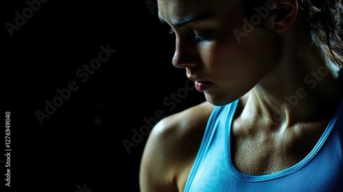 Fit female in sports bra and tank top, poised for athletic endeavor with focused gaze.