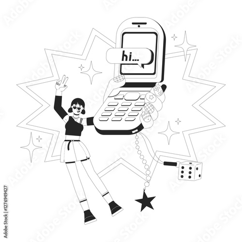 Retro flip phone and 2000s aesthetic black and white 2D illustration concept. Hi text messaging. Girl celebrating mobile with Y2K charms outline character isolated. Metaphor monochrome vector art