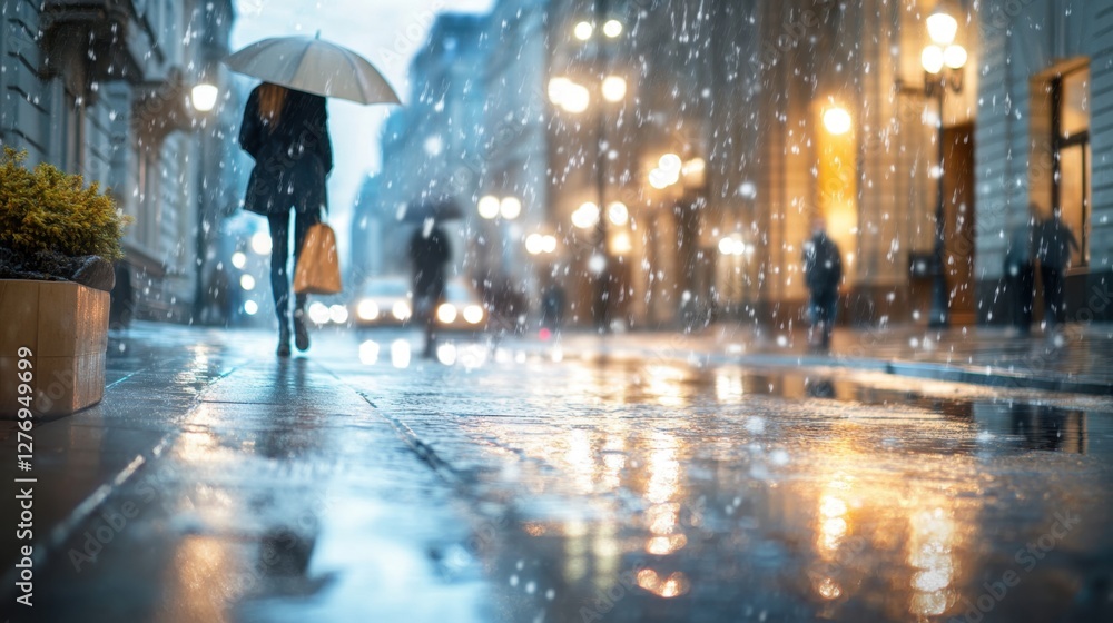 Obraz premium Moody Urban Ambiance: Woman Walking with Umbrella in Rainy City Lights
