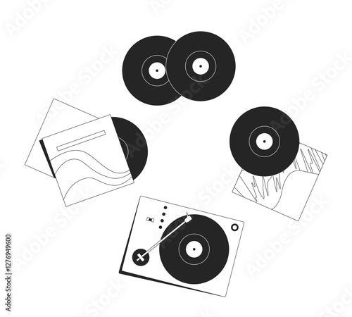 Turntable, vinyl records and album covers linear illustration. Vintage sound. Lp recordplayer 90s 70s. Analog music retro 2D line composition isolated on white. Monochrome vector outline image