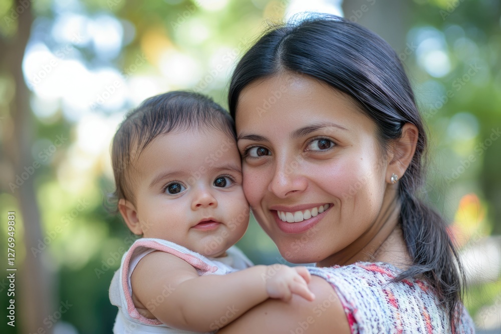 Nurturing Hispanic Mother with Baby Enjoying a Day in the Park Nurturing Hispanic Mother with Baby Enjoying a Day in the Park