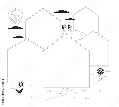 Whimsical landscape with blank houses frames and hikers black and white 2D illustration concept. Village town. Homes neighbourhood outline composition isolated. Metaphor monochrome vector art