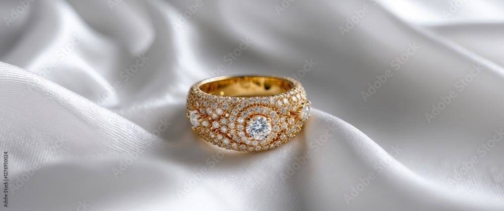 Naklejka premium Golden ring covered with diamonds resting on white silk.