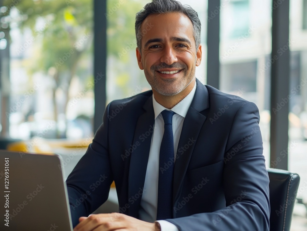 Man wearing suit, smiling at camera. Business setting with laptop and city skyline in background. Man wearing suit, smiling at camera. Business setting with laptop and city skyline in background.
