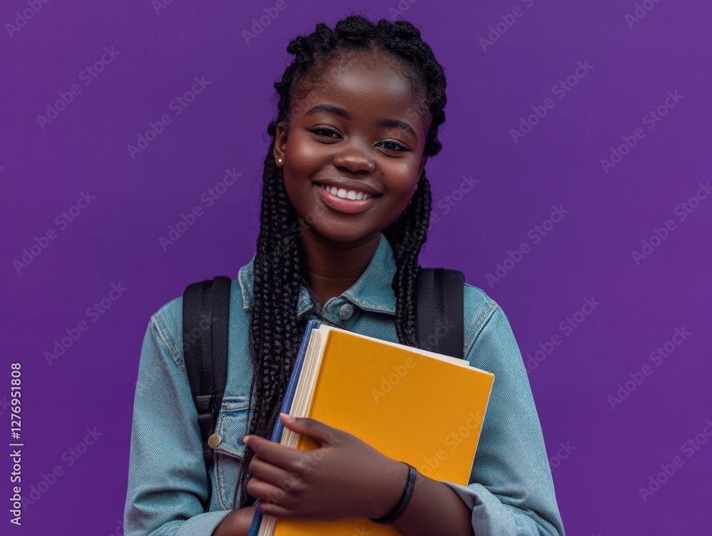 Obraz premium A young African girl poses confidently with a yellow book. She's wearing a backpack, showing her prepared for school.