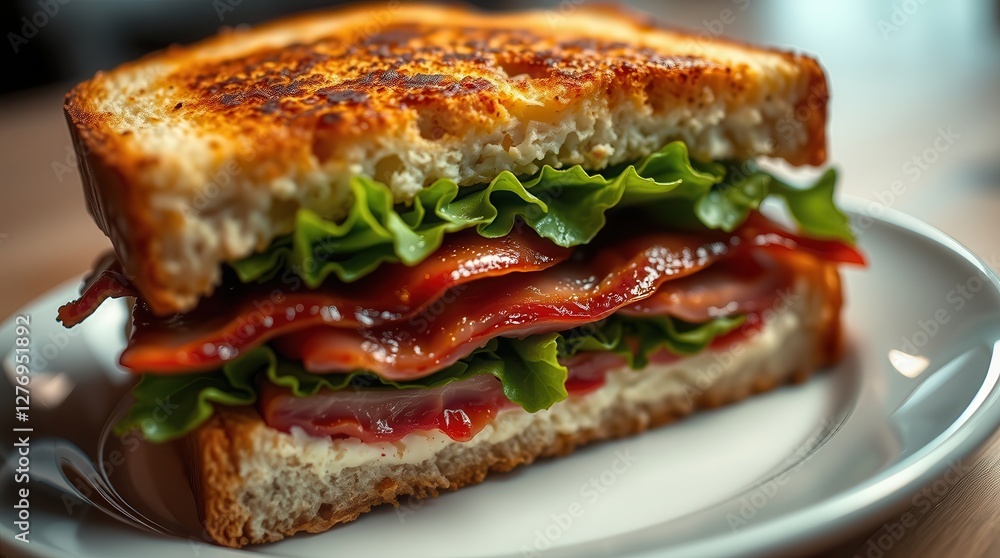 Close up Macro Photo of Bacon, Lettuce and Tomato BLT Sandwich on a White Plate Close up Macro Photo of Bacon, Lettuce and Tomato BLT Sandwich on a White Plate