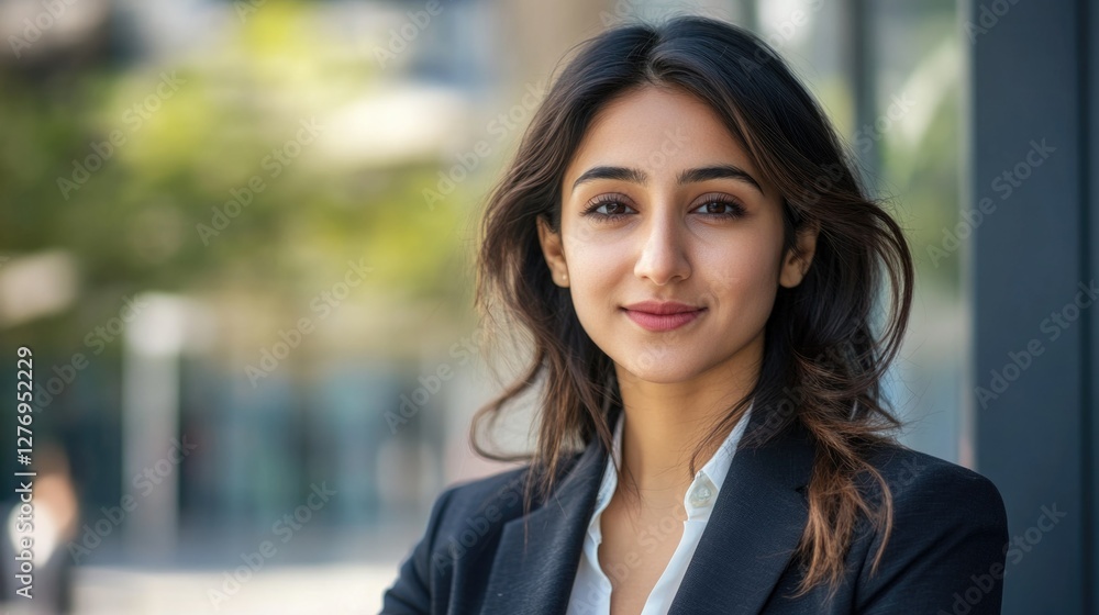 Stylized corporate headshot with confident expression and modern attire, against blurred background. Stylized corporate headshot with confident expression and modern attire, against blurred background.
