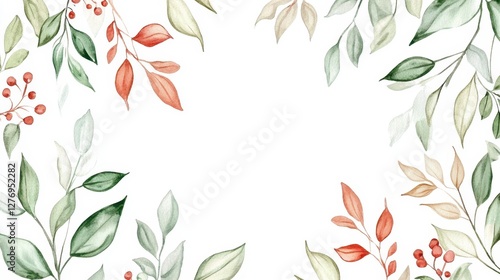 Elegant watercolor leaves and berries border on white background
