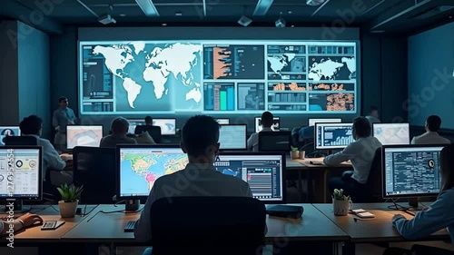 Data Monitoring Center with Analysts and World Map on Screen