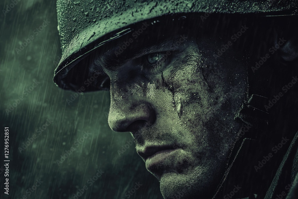 Somber WWII Trooper: Rainy Normandy Backdrop Capturing the Grit of a Soldier in World War Two Somber WWII Trooper: Rainy Normandy Backdrop Capturing the Grit of a Soldier in World War Two