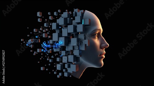 An artistic side profile of a human head made of cubes, demonstrating the interplay of light and digital abstraction, reflecting modern human experience.