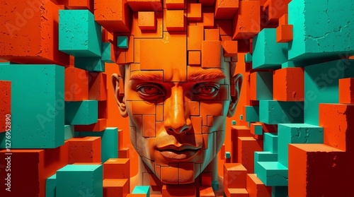 A striking cubist reinterpretation of a human face, utilizing vibrant orange and teal blocks to convey a strong emotional and artistic expression.