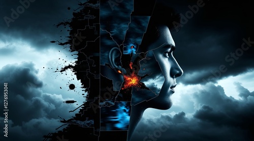 This surreal image features a human profile split, showcasing chaos and explosion, symbolizing internal conflict and the struggle between peace and turmoil in our minds.