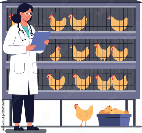 Veterinarian examining chickens in a clean clinic with modern design elements in a detailed vector illustration