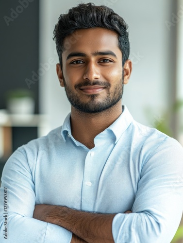 A young man in a corporate setting, smiling confidently.