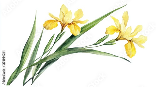 Fototapeta Naklejka Na Ścianę i Meble -  Yellow iris flowers with long green leaves on white background