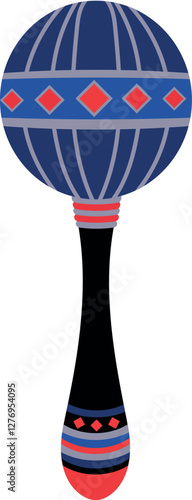 A colorful maraca with a long handle and a round patterned top in bright shades.