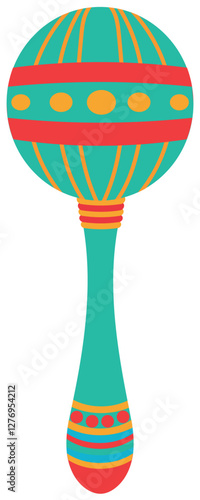 
A colorful maraca sticker with a long handle and a round patterned top in bright shades.