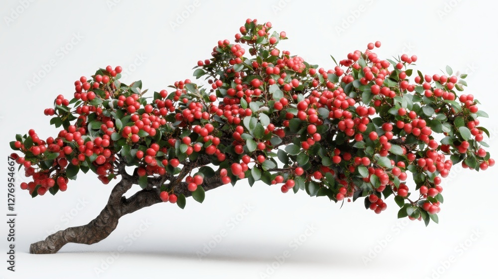 Red berry bonsai on white background: vibrant green leaves and twisted trunk Red berry bonsai on white background: vibrant green leaves and twisted trunk