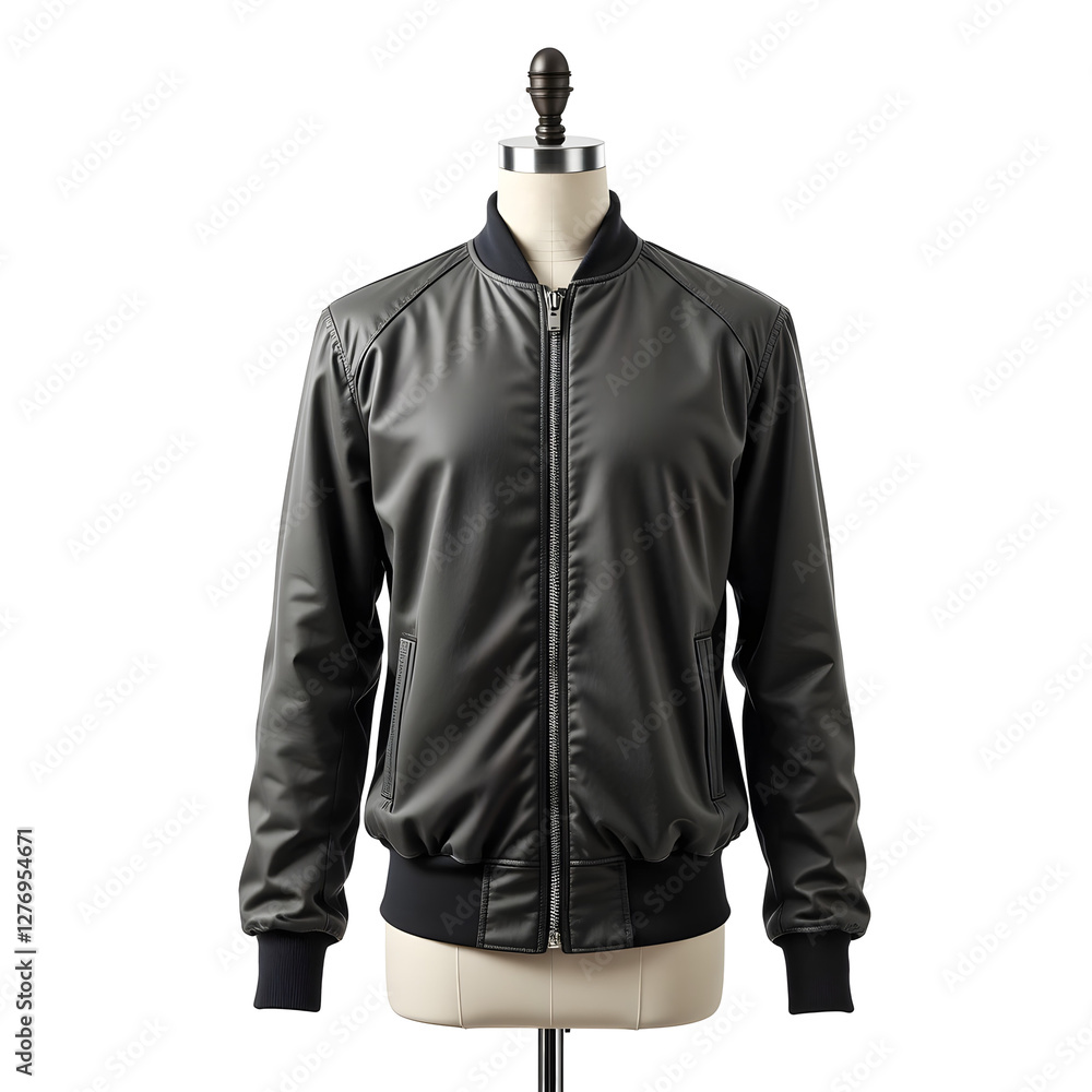 Gray Faux Leather Bomber Jacket on Mannequin Isolated on White Background Gray Faux Leather Bomber Jacket on Mannequin Isolated on White Background