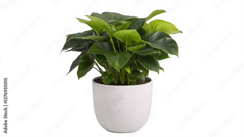 A vibrant green plant with broad leaves sits in a smooth, white pot.
