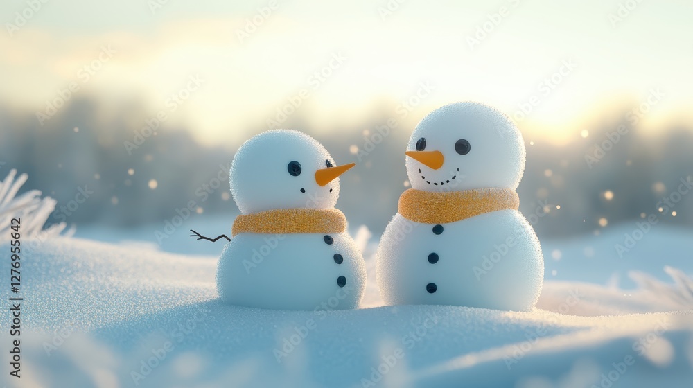 Two happy snowmen in winter landscape with soft sunset glow and falling snowflakes Two happy snowmen in winter landscape with soft sunset glow and falling snowflakes