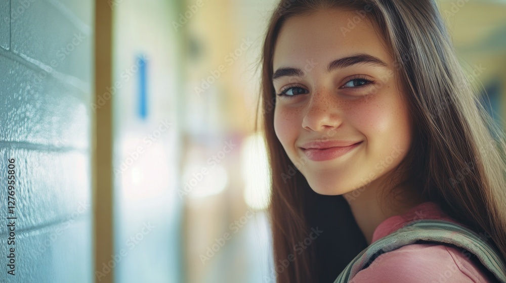 Portrait of a cheerful high school student posing against a locker with a backdrop of a classroom wall. Portrait of a cheerful high school student posing against a locker with a backdrop of a classroom wall.