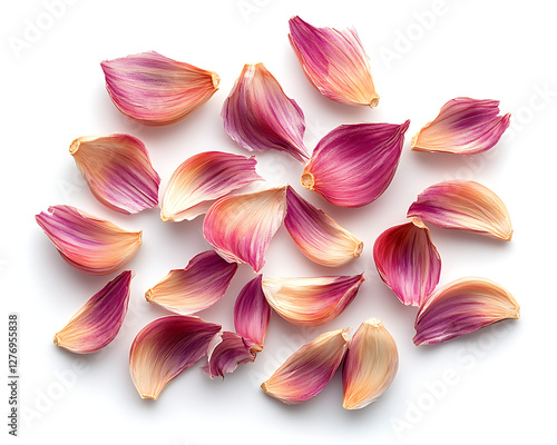 Garlic cloves scattered on white surface.