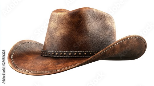 Classic brown leather cowboy hat with studded band and curved brim on white background