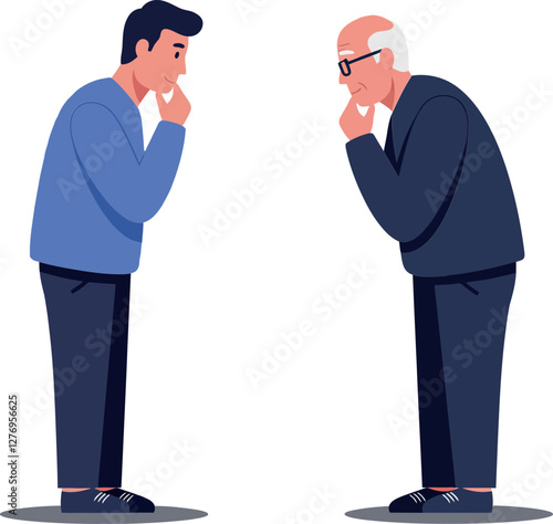 Two men in thoughtful poses, one young and one elderly, displayed in a flat vector illustration emphasizing generational dialogue and reflection