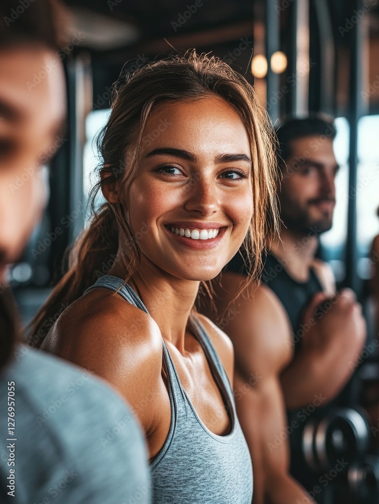 Obraz premium Young woman with radiant smile looking directly at the camera, standing in a gym environment, workout attire, dumbbell weights in background.