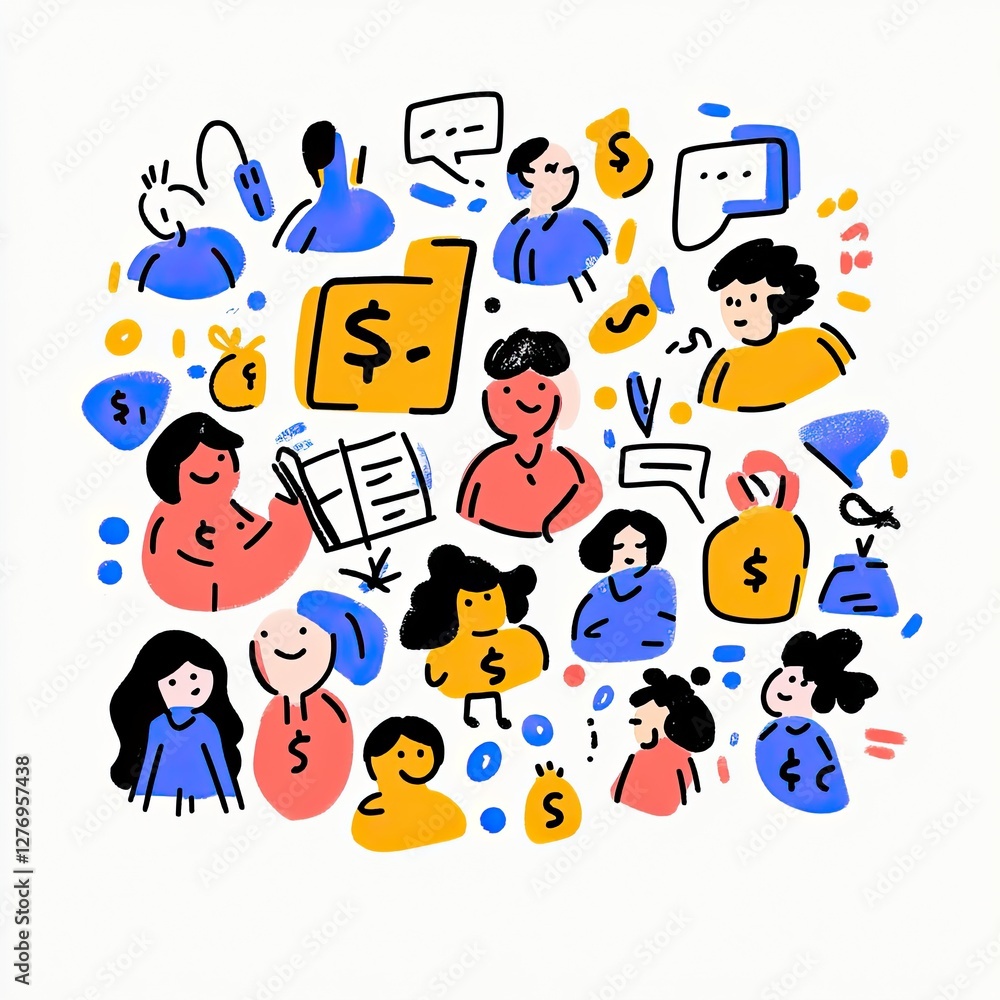 Business doodles of people and money talk in simple flat design style for business presentation and infographic Business doodles of people and money talk in simple flat design style for business presentation and infographic
